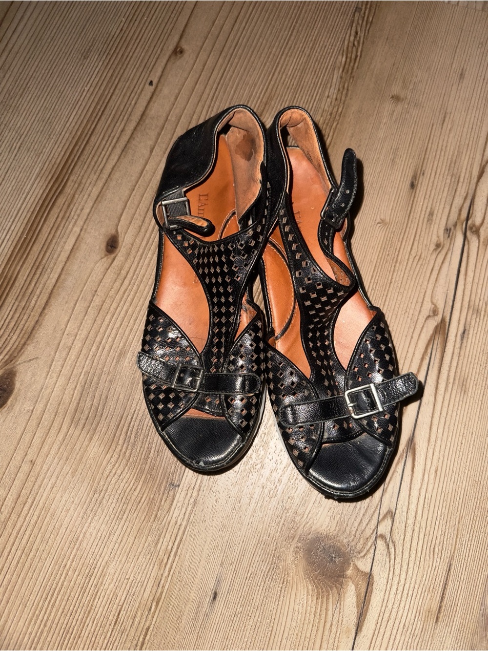 Women’s Black Leather Cutout Sandals with Buckle Detail